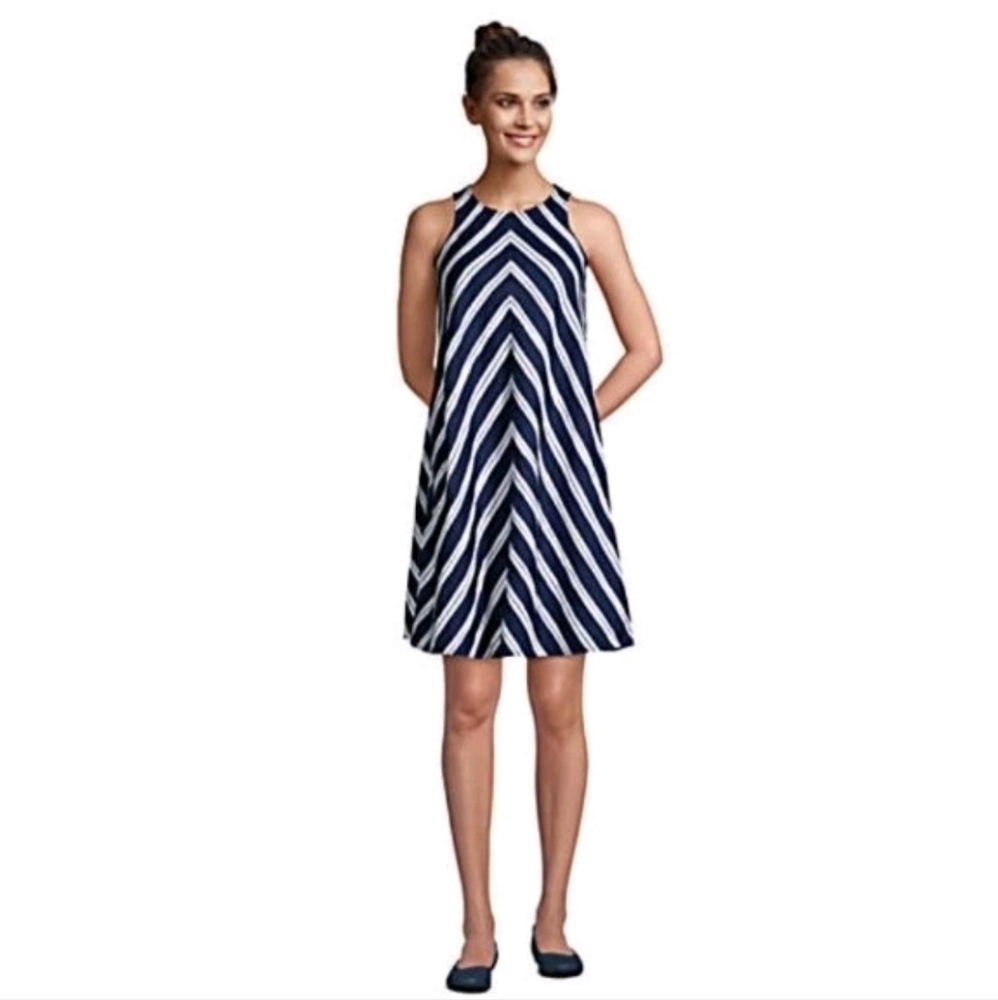 Lands' End Navy and White Chevron Halter Swing Dress